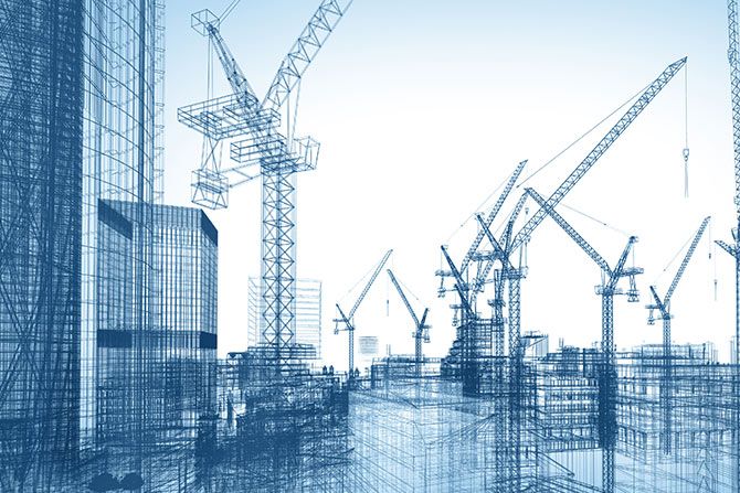 Computer rendition of many buildings under construction